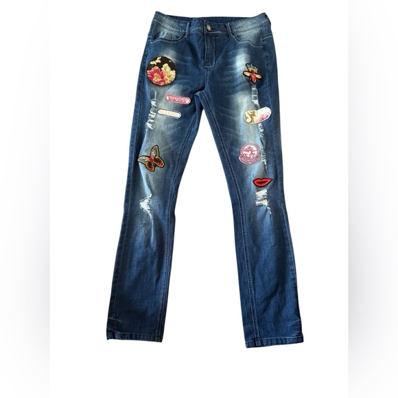 Simon Chang Blue Jeans with Colorful Patches - Picture 1 of 4